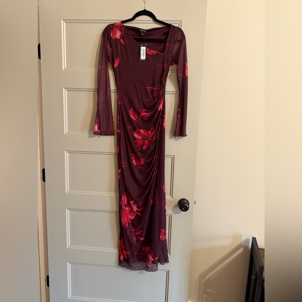 Boohoo Red Ruched Long Sleeve Bodycon Dress